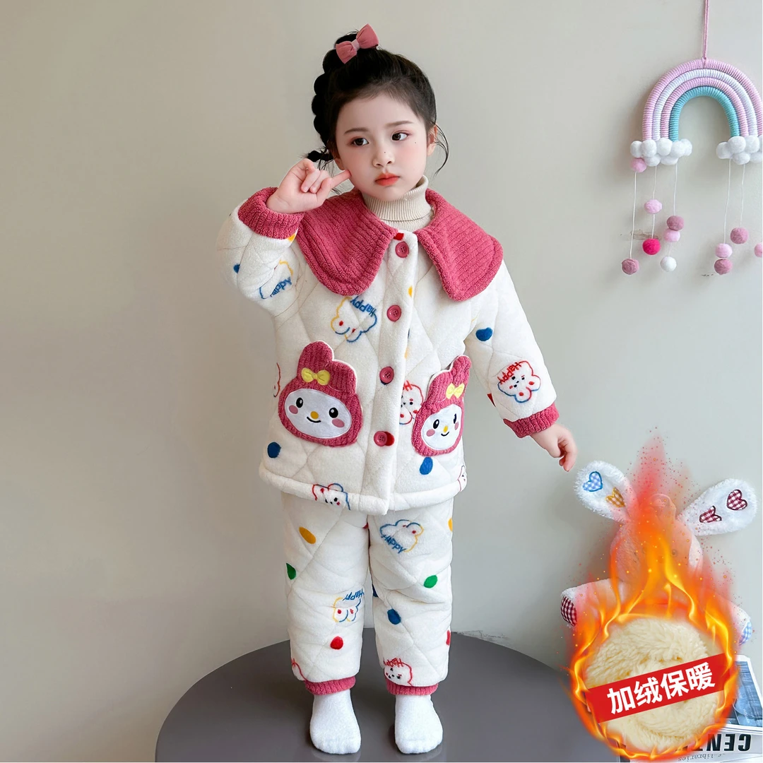 女童加绒睡衣儿童珊瑚绒三层夹棉加厚保暖两件套冬季小女孩家居服