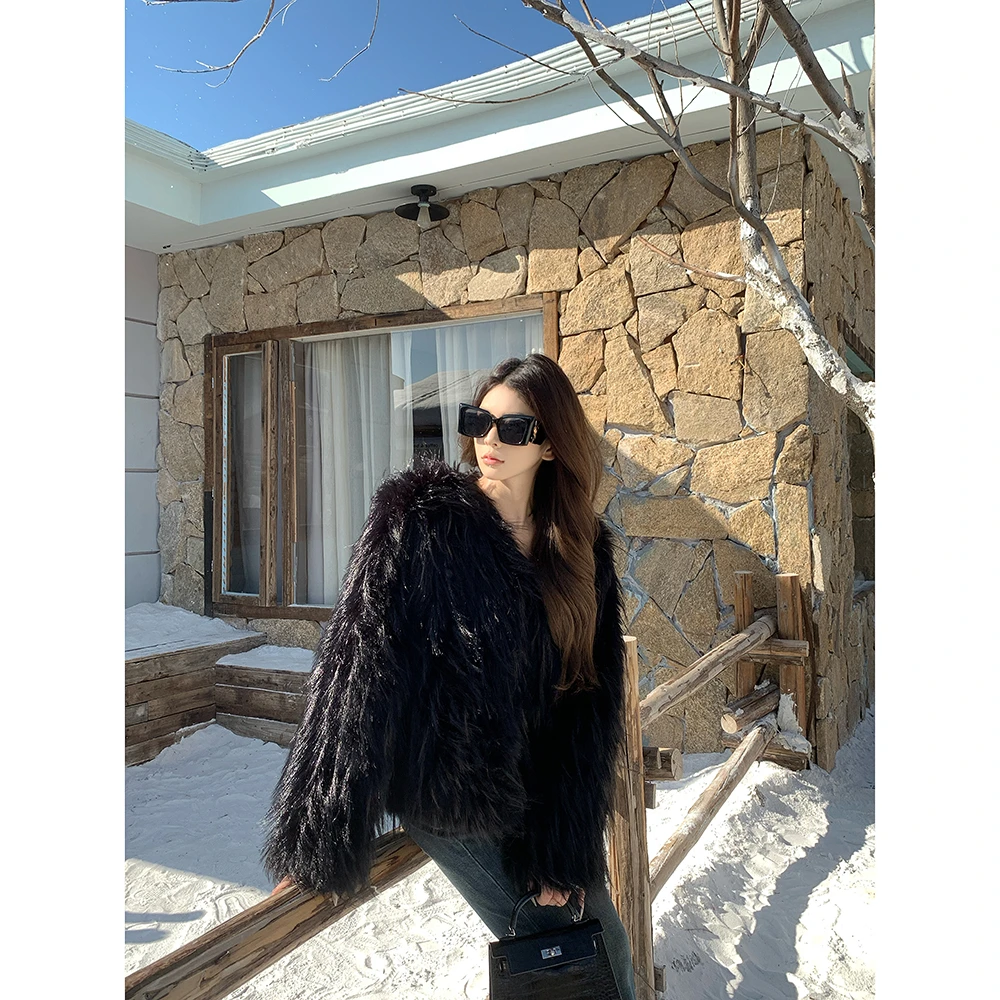 IFMR短外套短款冬季拼接女宽松外套网红气质毛皮草小香风轻奢F