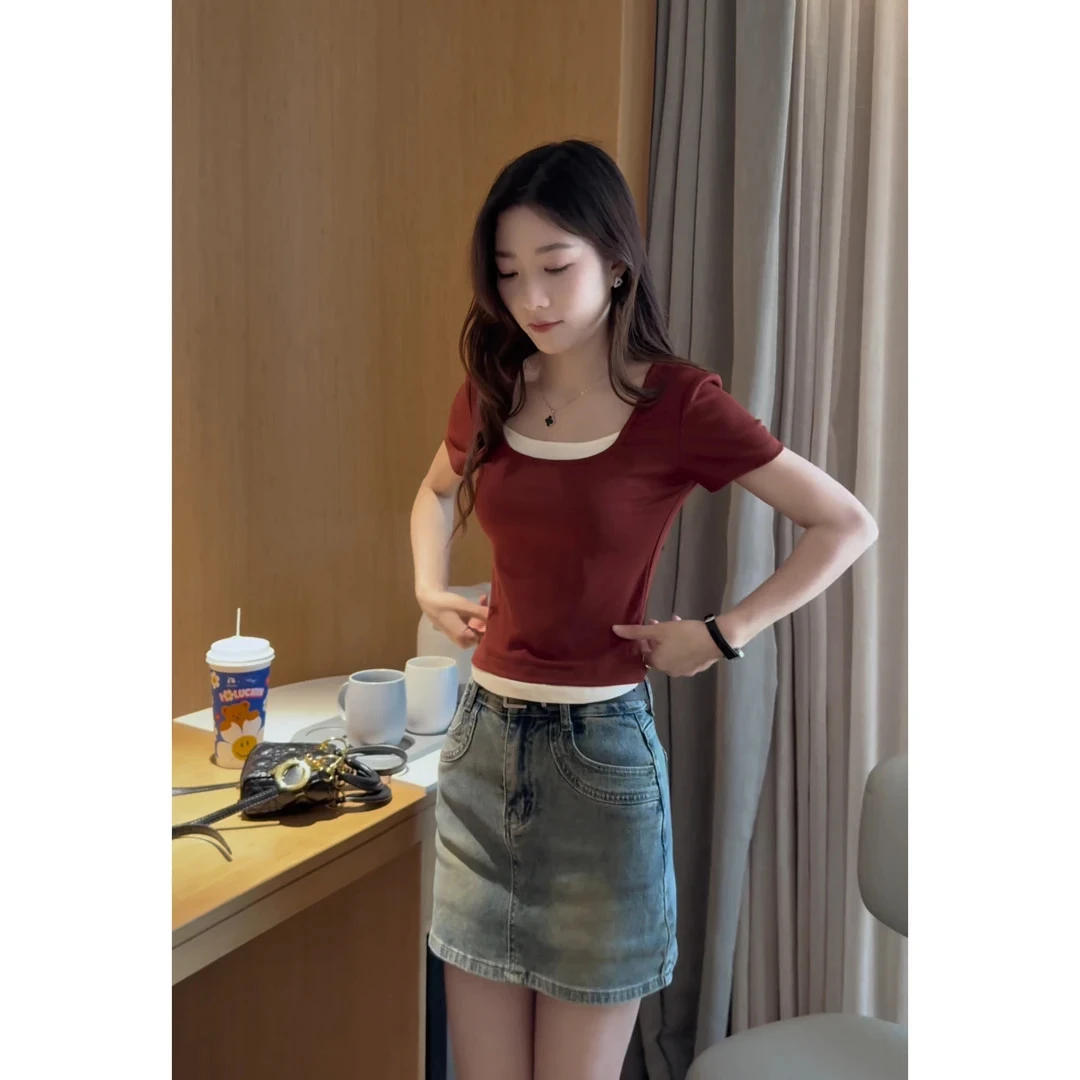 假两件U领短袖T恤女2025夏季气质小个子修身显瘦上衣紧身弹力纯色