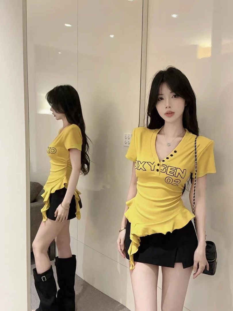 不规则黄色短袖t恤女洋气美式辣妹v领掐腰小上衣独特漂亮绝美