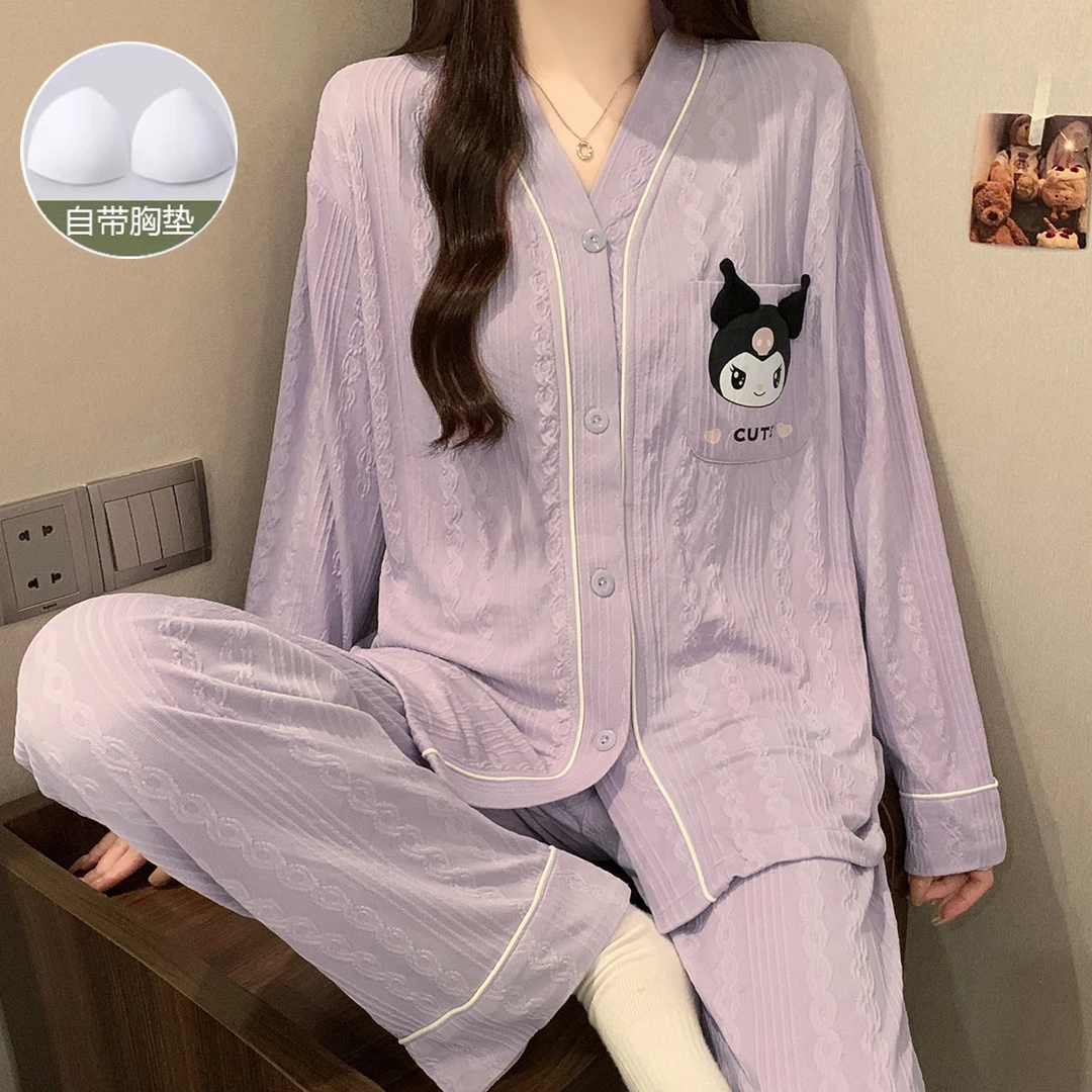 睡衣女带胸垫春秋冬季卡通韩版宽松女士长袖睡衣家居服可外穿套装
