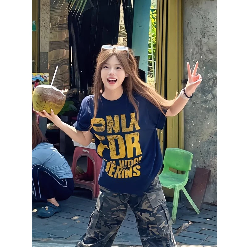 藏蓝色斑驳印花短袖男女同款美式高街情侣装t恤oversize正肩半袖