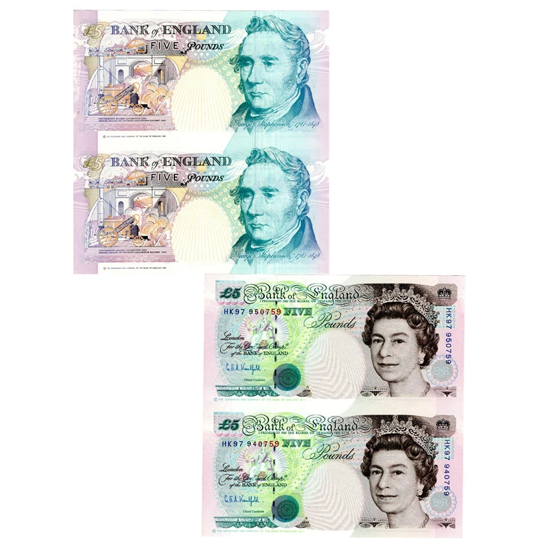 英国5镑纸币连体钞 1991年e序列 史蒂芬森皇冠版全新欧洲钱币收藏