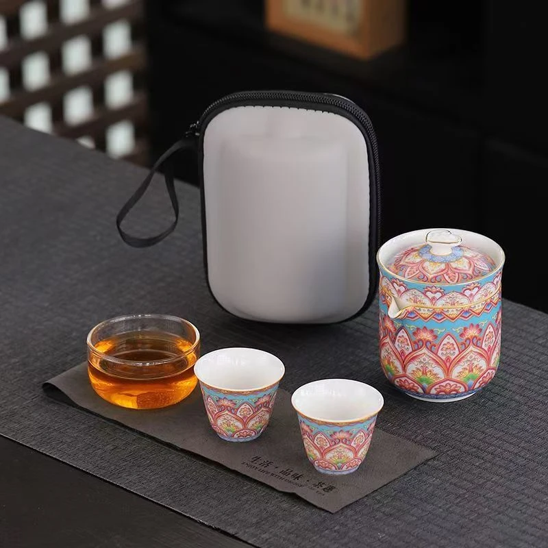 （蓝莲花）珐琅彩车载旅行茶具252便携式陶瓷泡茶壶收纳包
