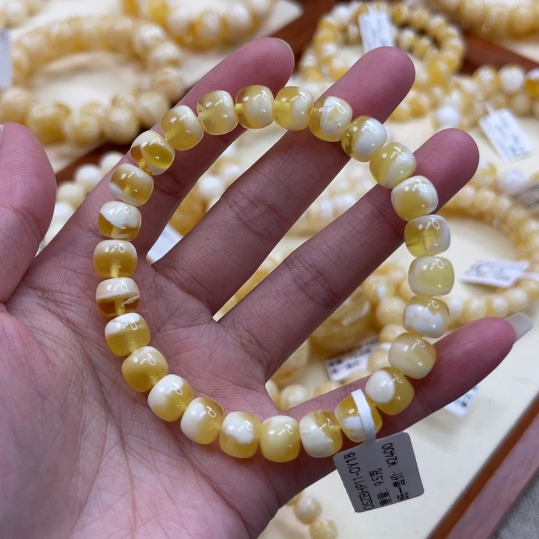 蜜蜡未镶嵌手链8.5mm金瓷白溶洞