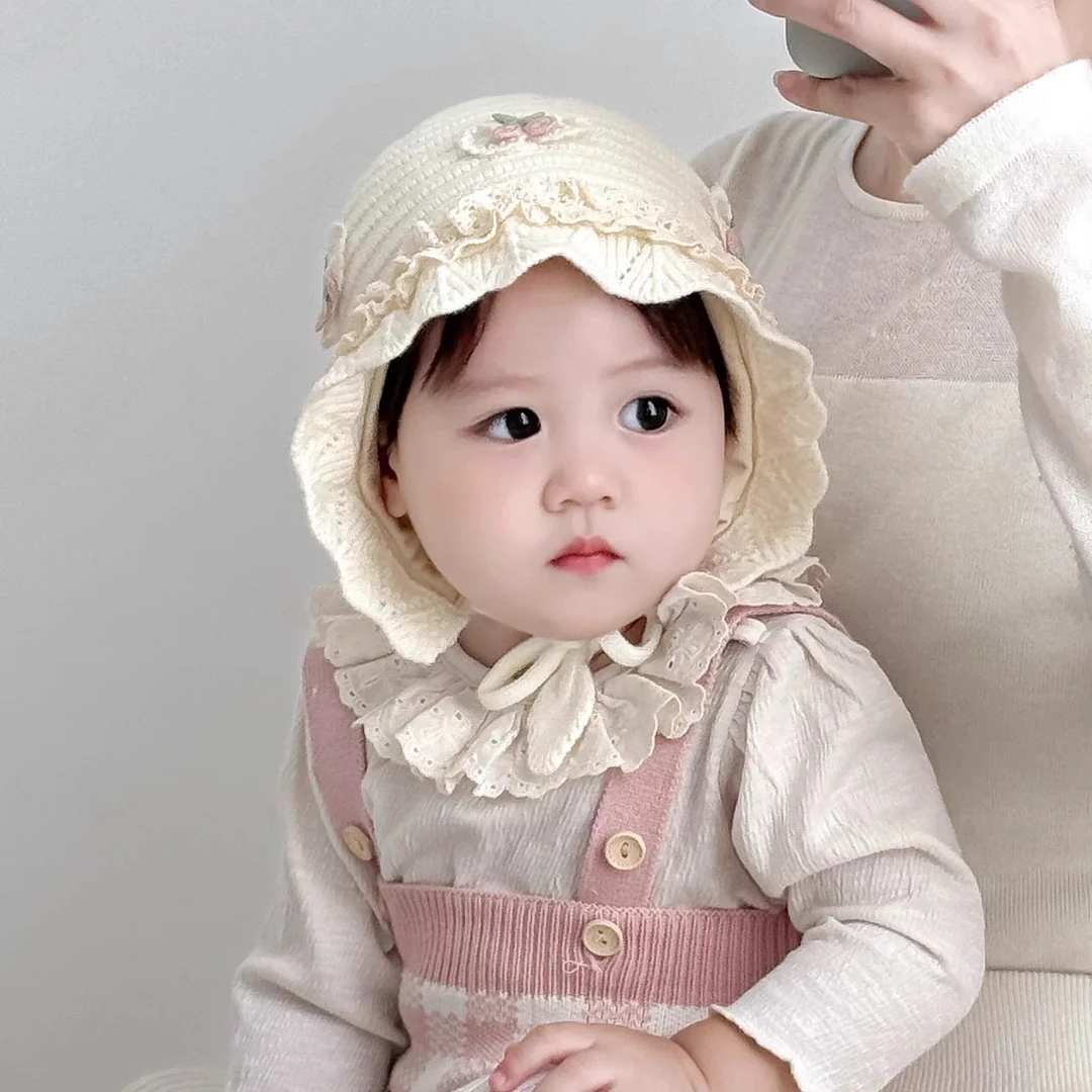 宝宝帽子秋冬季女婴幼儿韩版樱桃花边公主帽甜美护耳毛线帽渔夫帽
