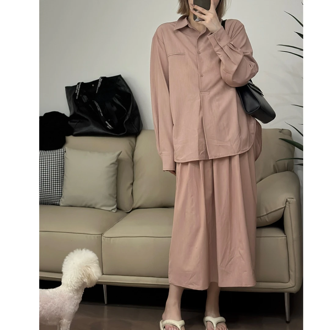 【瘦瘦】大码纯色宽松套头长袖衬衫圆弧下摆气质套裙两件套装 S0150