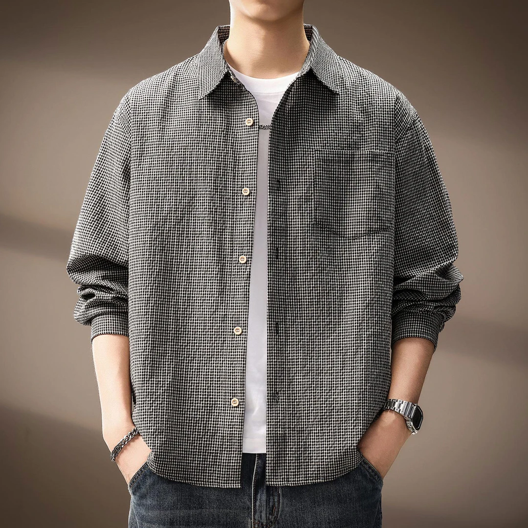 高端日系复古通勤细格纹长袖衬衫男士2025秋季新款潮流宽松外套男