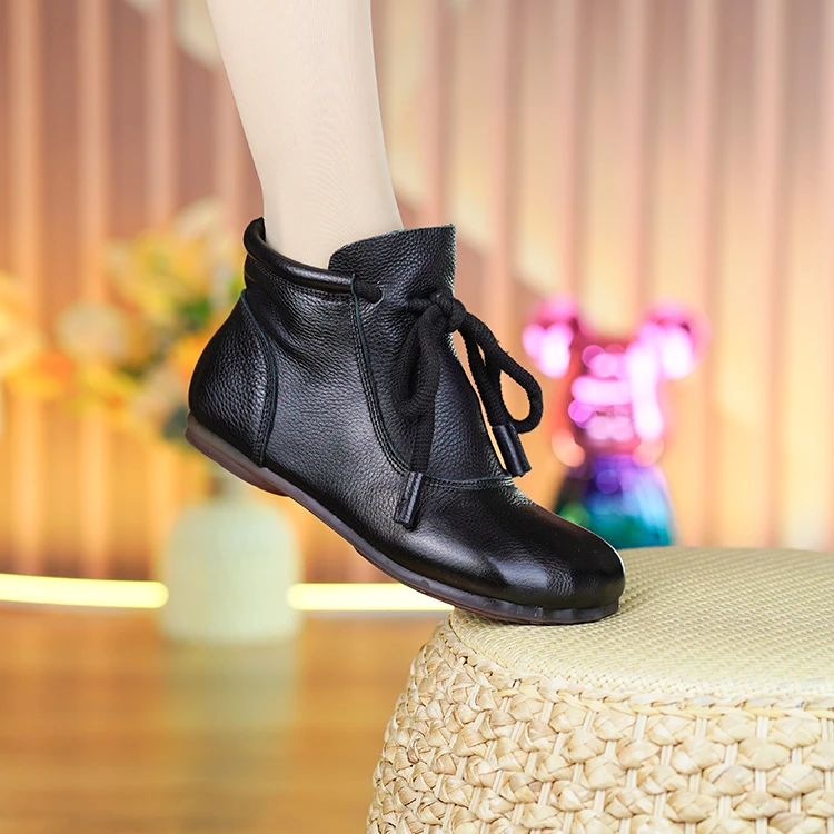 BH2192新款头层牛皮女圆头软底软面复古百搭休闲真皮舒适平底短靴