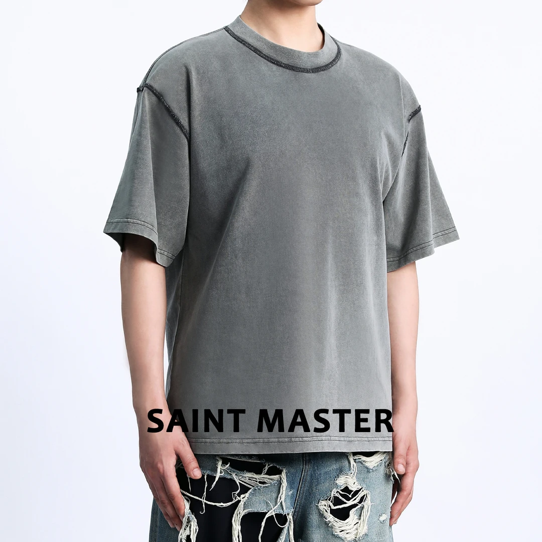 SAINT MASTER水洗反缝线T恤休闲男士宽松男装男生短袖宽松慵懒风
