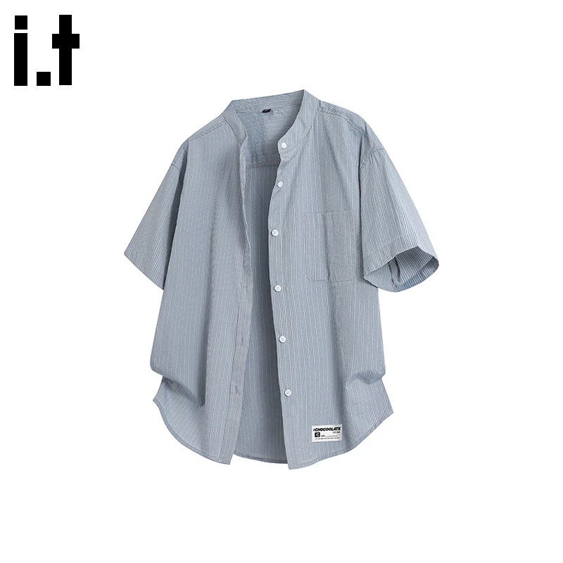 i.t:CHOCOOLATE男士休闲短袖衬衫2025夏季薄款宽松条纹潮牌衬衣服
