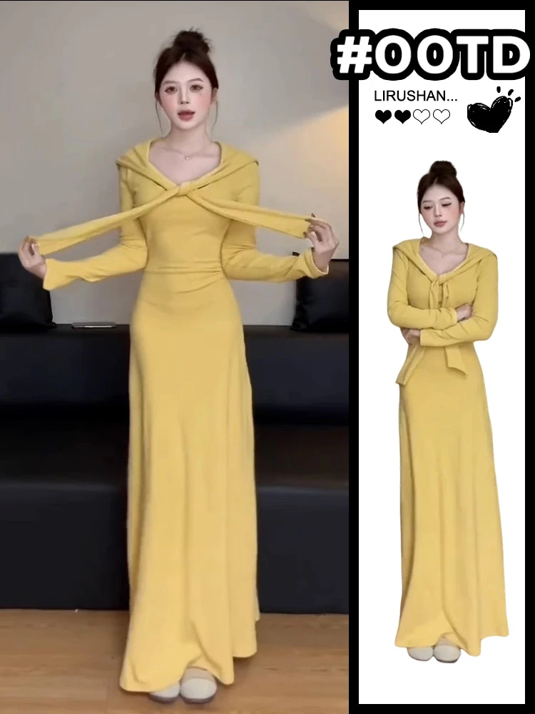 秋季秋冬层次感披肩领口显瘦时尚设计修身长袖连衣裙8124