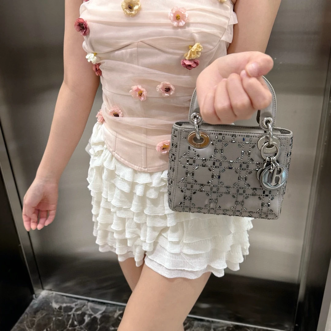 95新 DIOR/迪奥 dior灰色水钻三格戴妃手提包