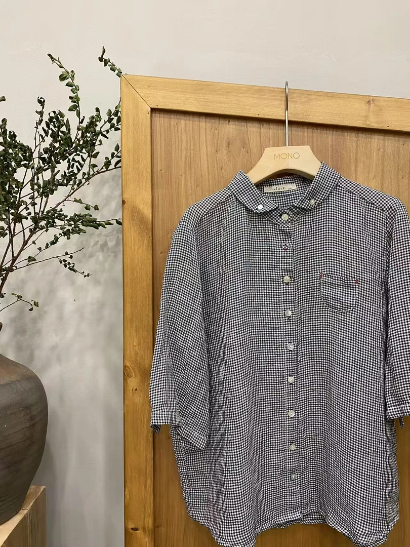 韩国正品/不支持退换ni/格子后捏折麻麻小衫/0418/10/33