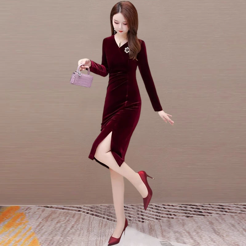 高端喜婆婆婚宴装礼服金丝绒高档长袖连衣裙女春秋款高贵洋气妈妈