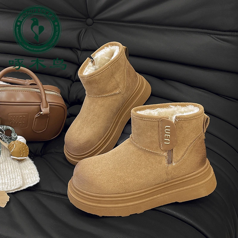 啄木鸟雪地靴女冬季新款加绒加厚户外厚底皮毛一体保暖东北棉鞋女