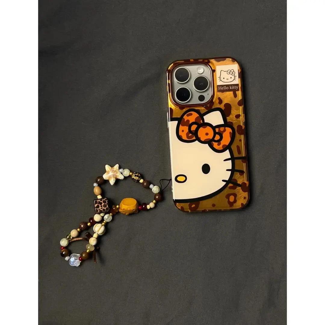 秋冬复古卡通豹纹蝴蝶结Kitty标签适用于iphone16promax手机壳