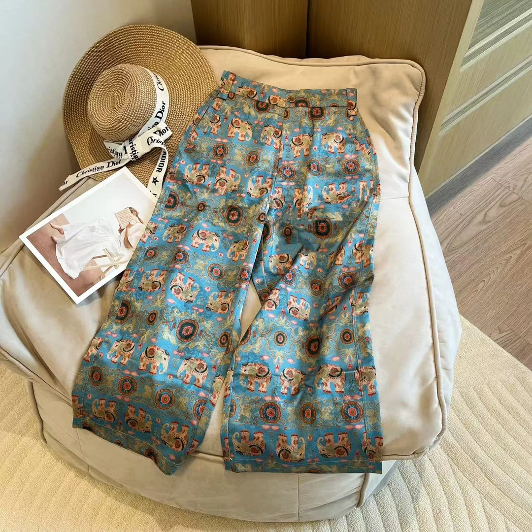 【豆子推荐】8711 夏季新款印染招财象九分阔腿休闲裤显瘦高腰裤子