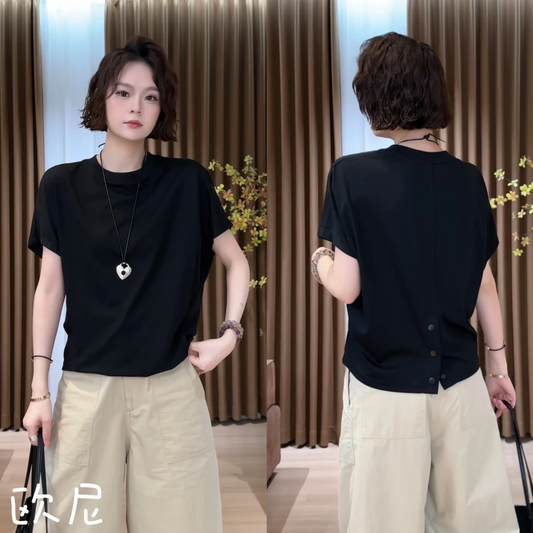 欧尼私服 2025夏新款韩系后背纽扣开叉短袖百搭休闲T恤2506C3575
