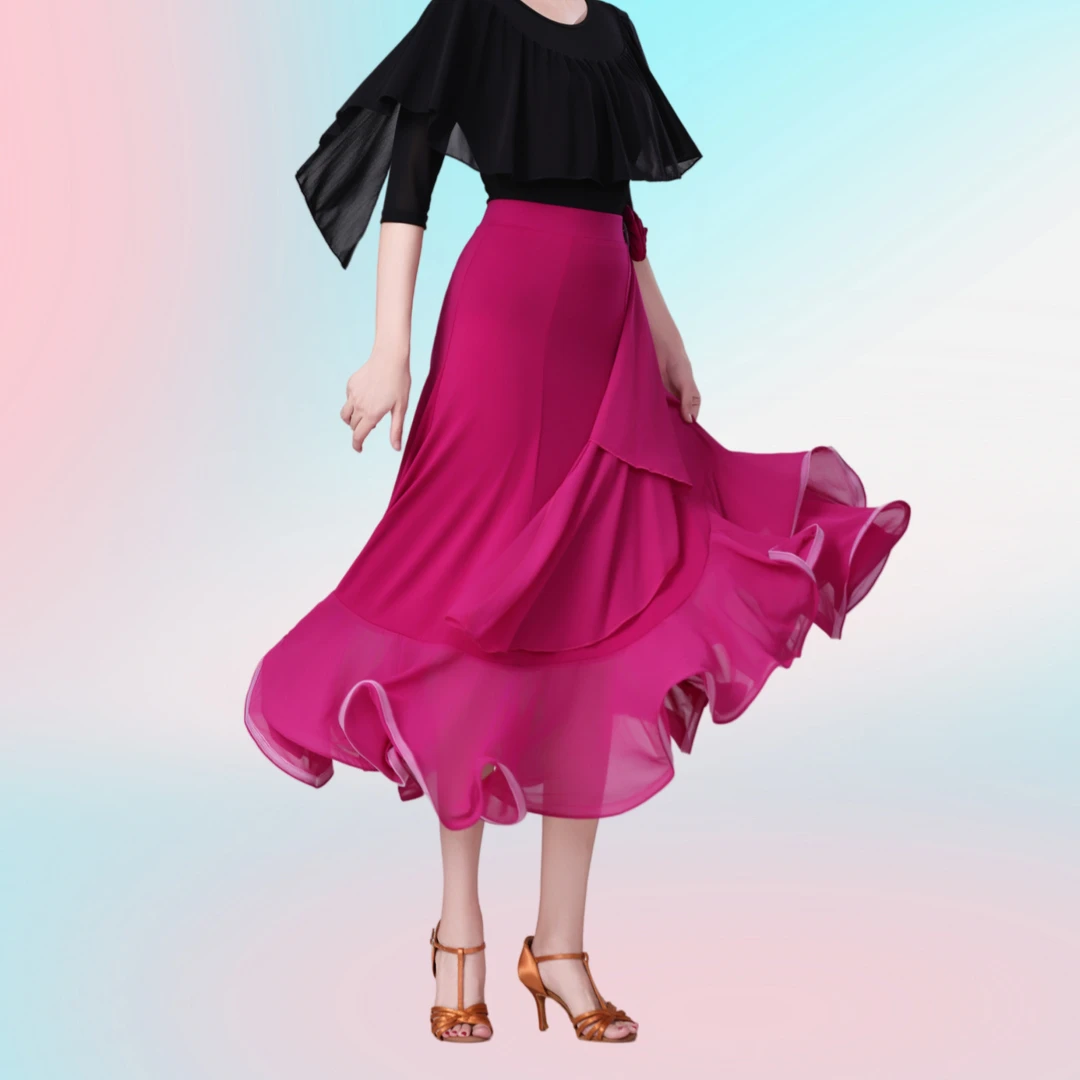 浪漫大三点帕斯女半身裙大摆裙广场舞交谊舞国际舞新款荷叶边长裙