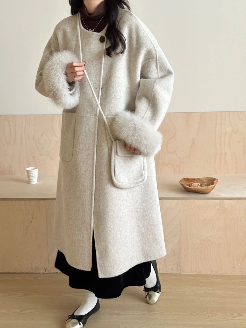 粉色双面毛呢大衣狐狸毛袖短外套女装高级感冬季新款