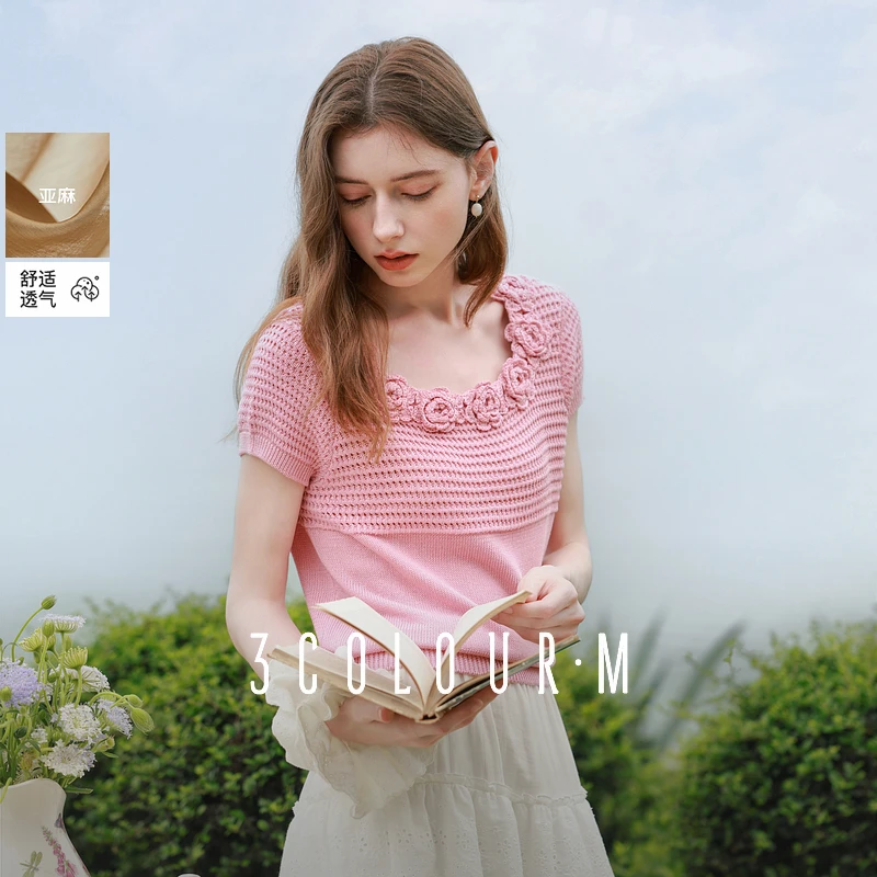 【莱赛尔+亚麻】三彩2025夏季新款针织衫手勾花朵毛衫短款上衣女M