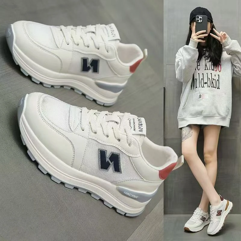 2025百步峻百搭厚底运动鞋女春款透气小白鞋休闲镂空跑步锻炼鞋子