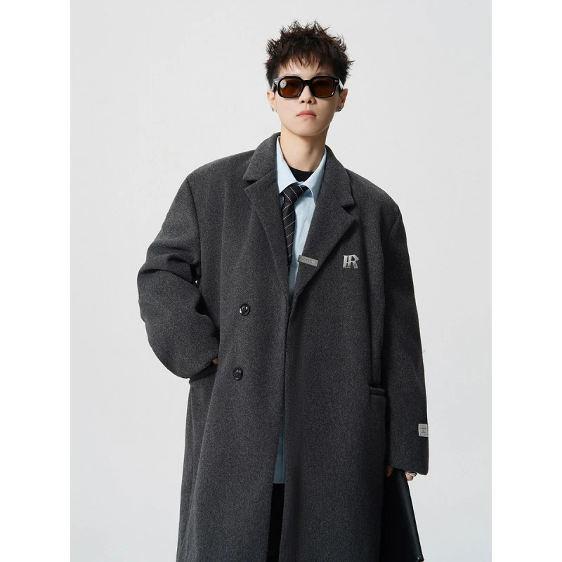 中长款呢子大衣男冬季高级感加厚毛呢外套潮流大码韩系黑色风衣