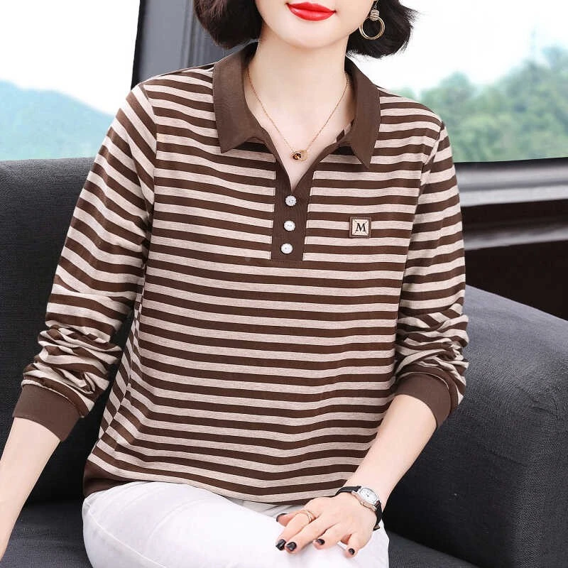 条纹长袖t恤女 2025春装新款秋衣上衣中老年人妈长袖拼接t恤