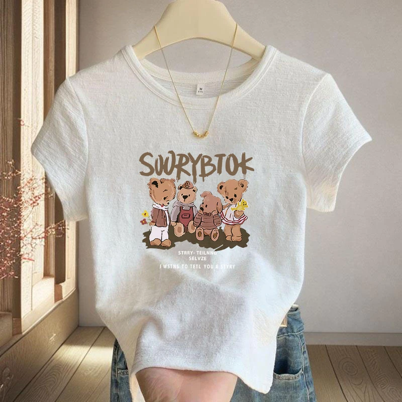 2025夏季薄款百搭竹节棉短袖高腰印花显瘦t恤女洋气短款白色上衣