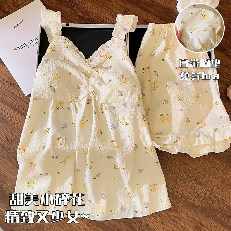 小飞袖睡衣女夏季甜美风吊带云朵棉套装2025新款小个子带胸垫睡衣