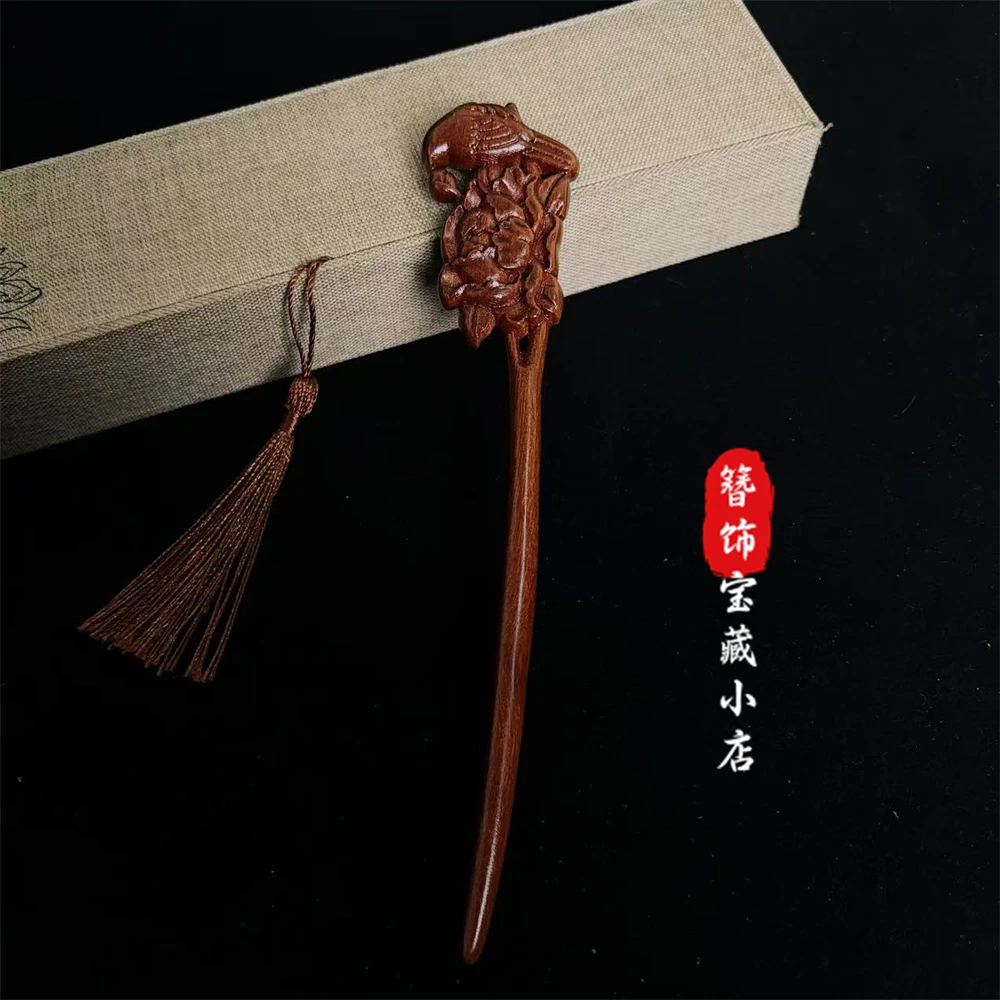 【金丝檀喜鹊牡丹】发簪金丝檀木簪子新中式可爱小众盘发日常百搭女