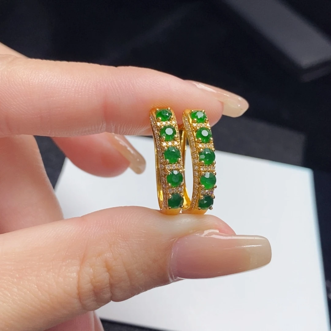 翡翠耳饰18K金镶嵌切割面蛋面耳扣