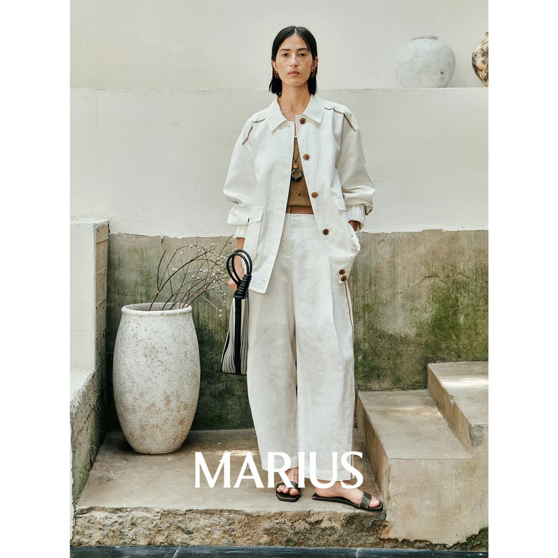 MARIUSMARIUS雨露麻系列"椰奶套"街头松弛感撞色边夹克九分裤T恤