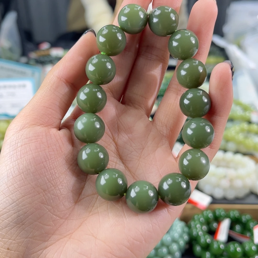 和田玉未镶嵌手链纯天然和田玉14mm新疆沙枣青圆珠
