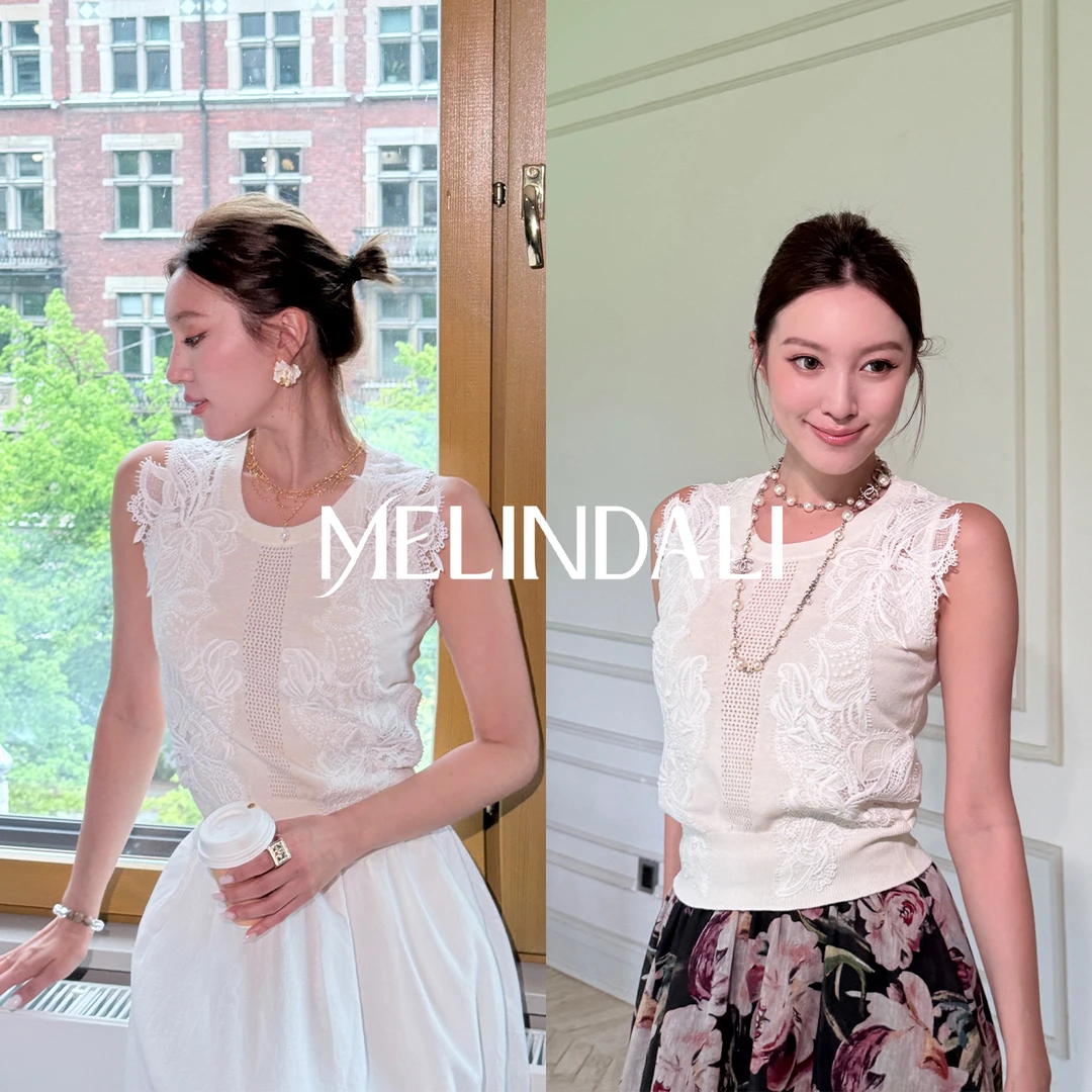 Melinda Li【云柔蕾丝】法式重工蕾丝绣花针织背心白色显瘦气质上衣