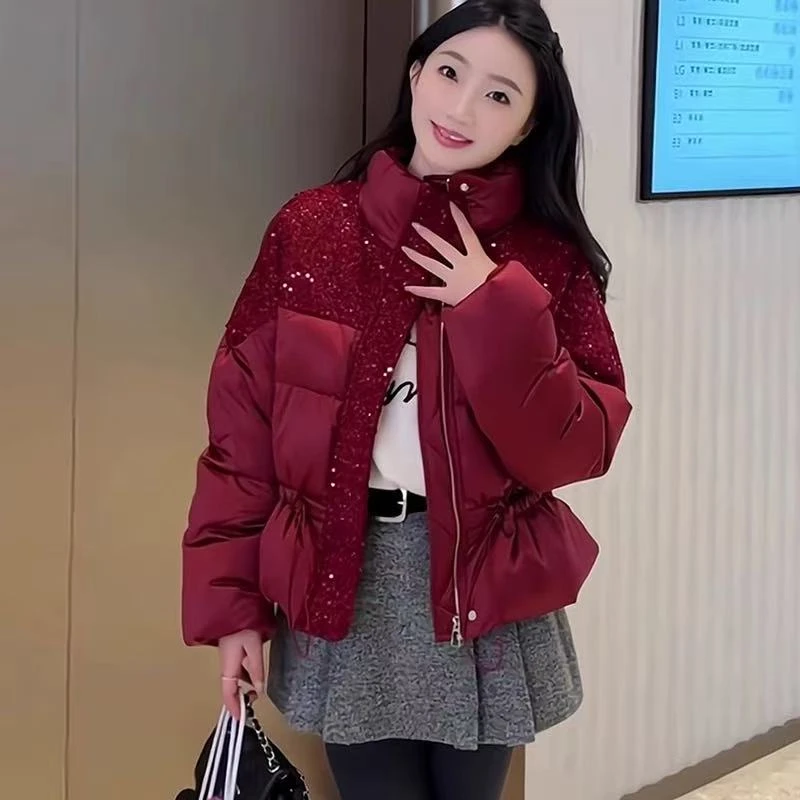 时尚立领亮片拼接女2024冬季新款显瘦黑色小个子洋气外套