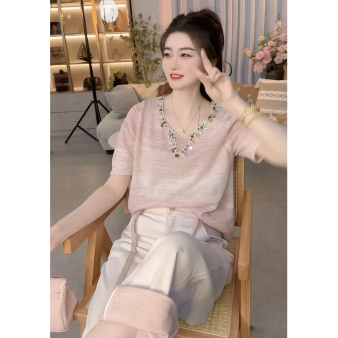 『粉系晕染J』设计显瘦百搭时尚T恤530