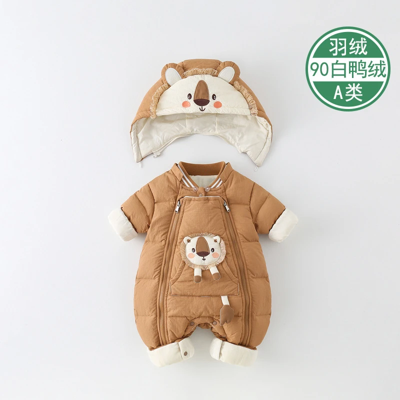 婴儿衣服冬装加绒加厚羽绒服连体衣卡通可爱男宝宝冬季外出服抱衣