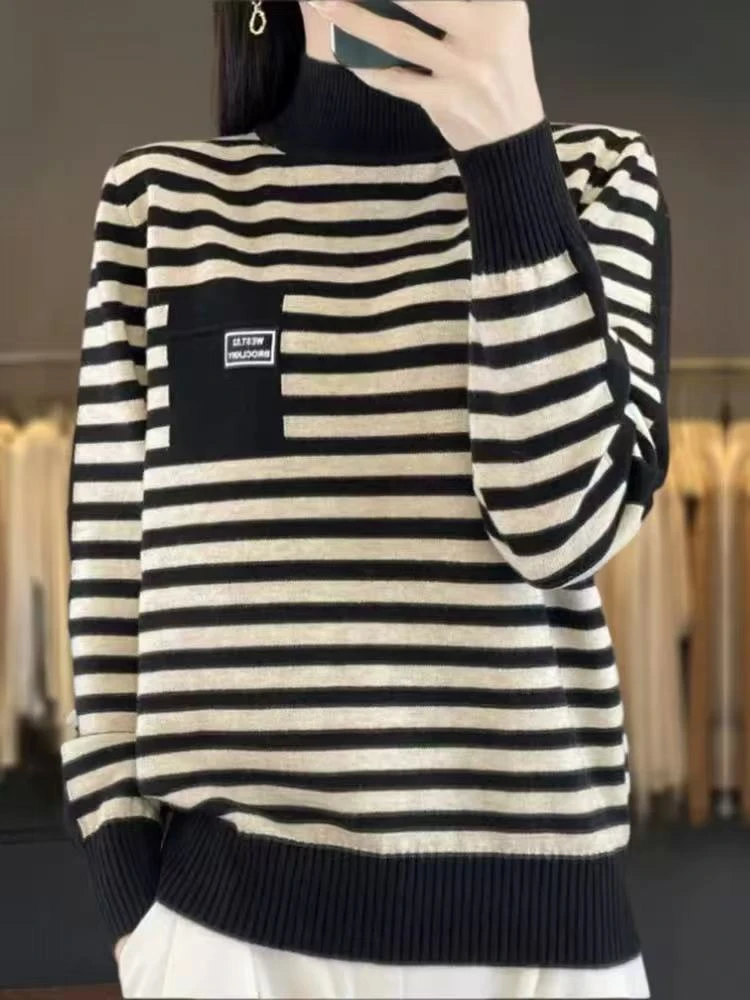 【嘉一定制】韩版时尚洋气气质休闲款条纹长袖打底上衣355