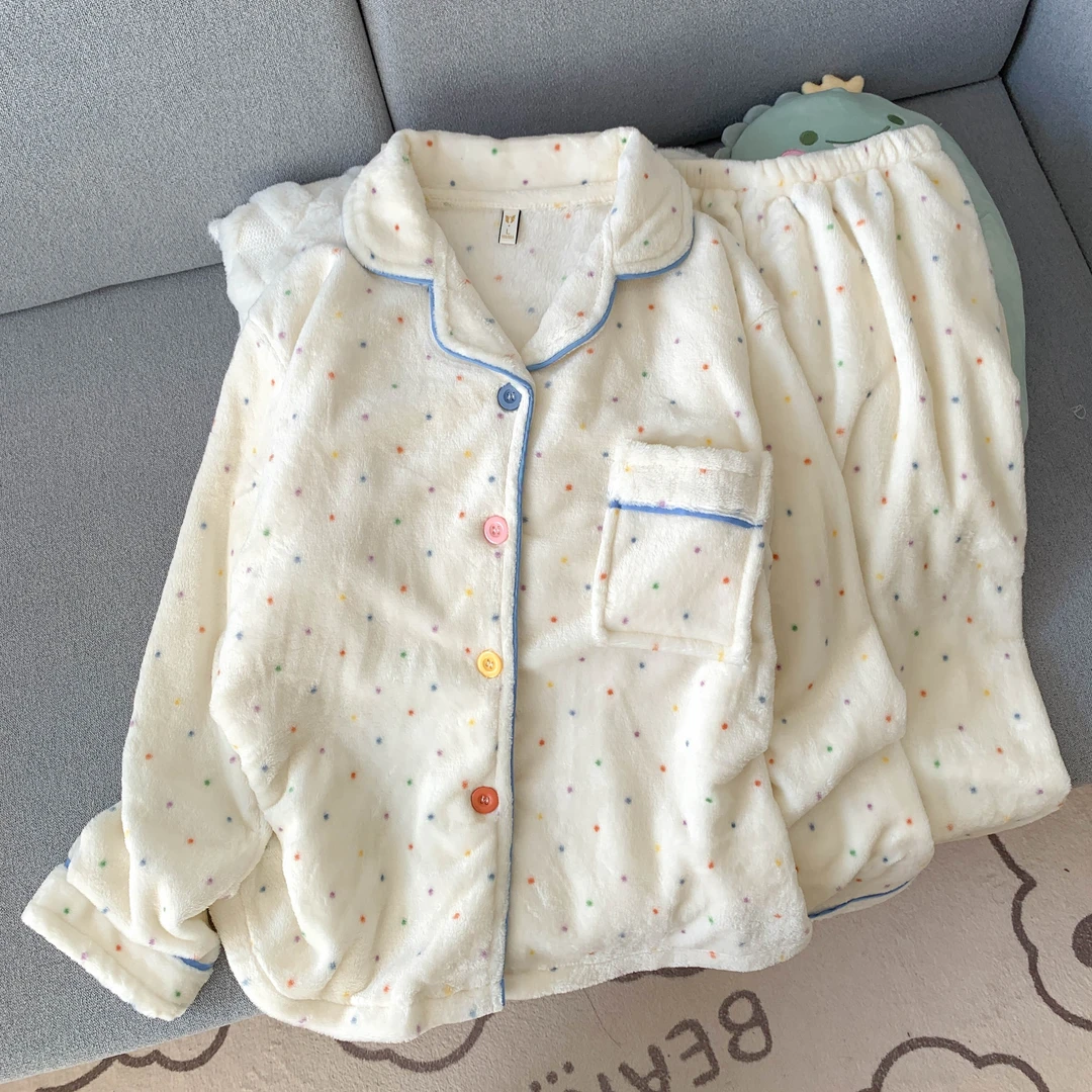 法兰绒睡衣女秋冬季彩色波点加绒加厚珊瑚绒2025年新款甜美家居服