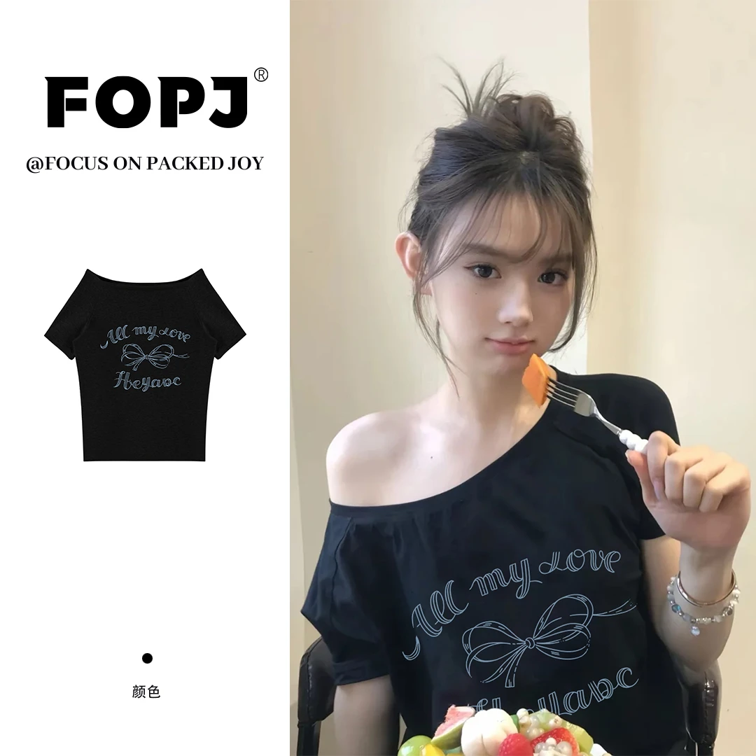 FOPJ时尚一字肩穿搭短袖t恤女夏季新款韩版休闲百搭宽松显瘦上衣