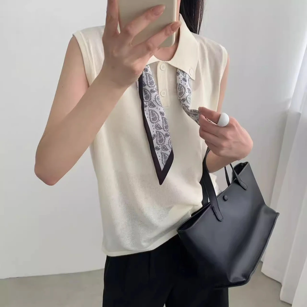 欧货时尚气质小翻领配丝巾夏季高质量冰丝针织无袖背心上衣女外穿