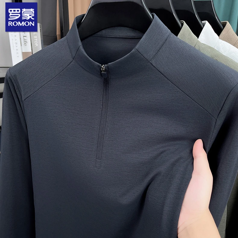 罗蒙春秋季新款男士半高拉链卫衣纯色亨利领T恤海澜优选男士卫衣
