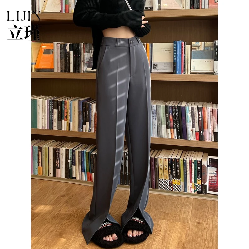 灰色开叉西装裤女春秋夏高腰显瘦休闲窄版阔腿裤垂感拖地直筒裤子
