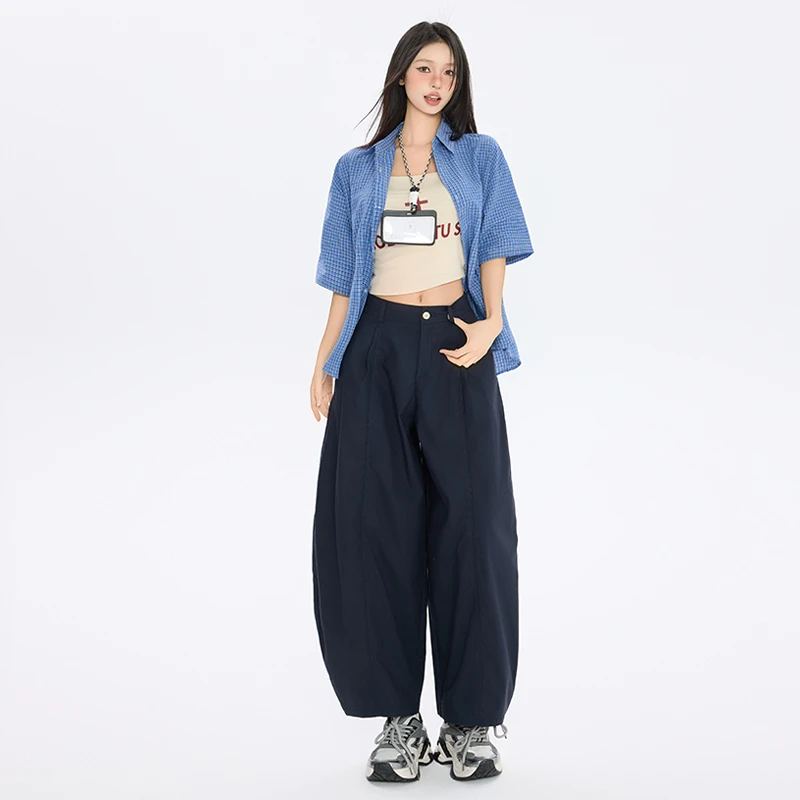 藏蓝九分阔腿裤女夏季薄款2025新款高腰休闲裤宽松直筒防晒气球裤