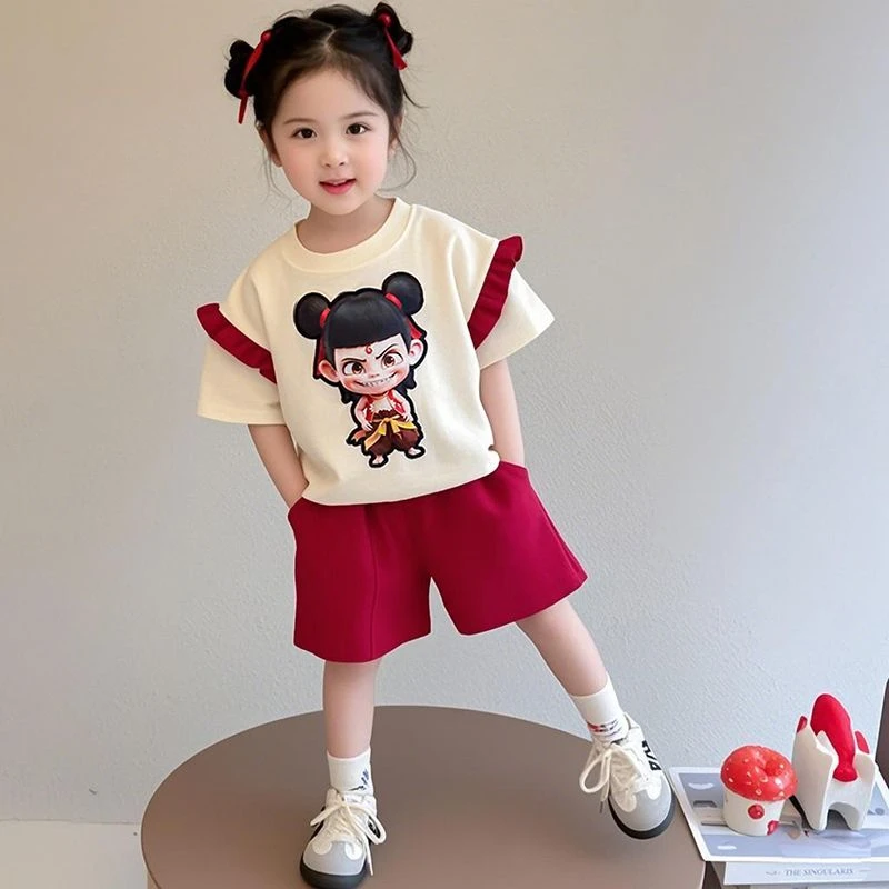 【哪吒套装】女童2025夏季新款儿童短恤短裤女宝宝两件套卡通童装