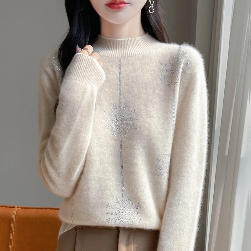 100%纯羊绒衫女一线成衣半高领雪花镶钻针织毛衣宽松打底上衣