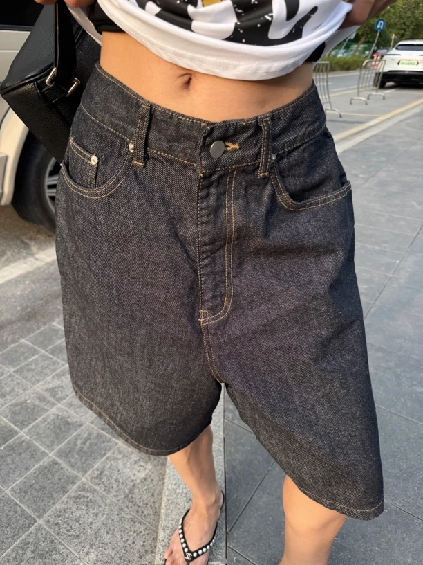 LULU BUNNY  丹宁色中裤 高腰抽绳百搭潮流显瘦休闲直筒夏季