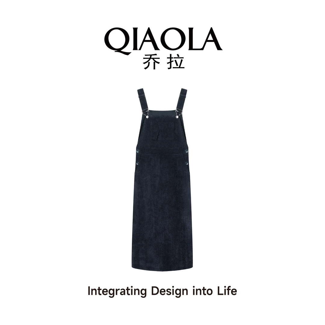 QIAOLA/乔拉【蓝色柔情】秋冬坑条梭织北极绒休闲百搭背带裙预售